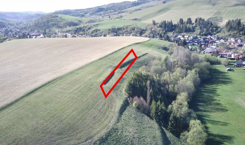 Agricultural and forest lands around Čierny Balog with a marked section on the slope.