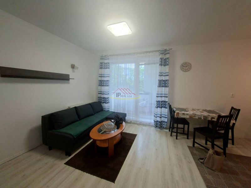 A studio apartment with a wooden floor, a sofa, a coffee table, and a dining table.