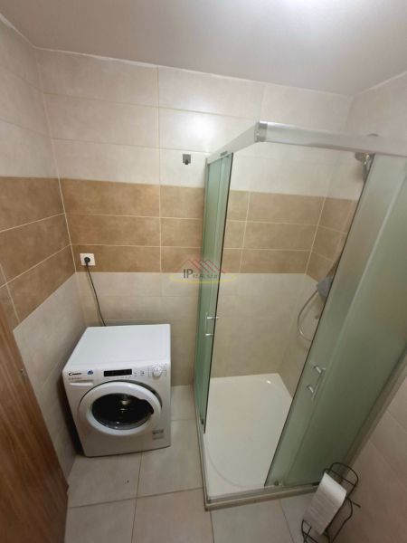 A bathroom in a studio apartment with a washing machine and a shower.