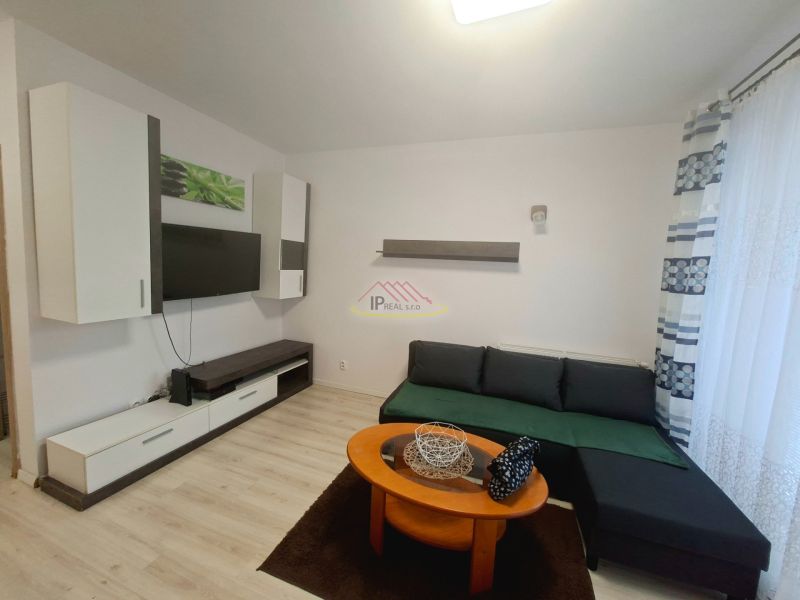 Studio apartment with a sofa, coffee table, and wooden decor flooring.