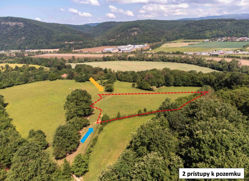 Recreational plots in Ostrá Lúka with access roads surrounded by nature and hills.