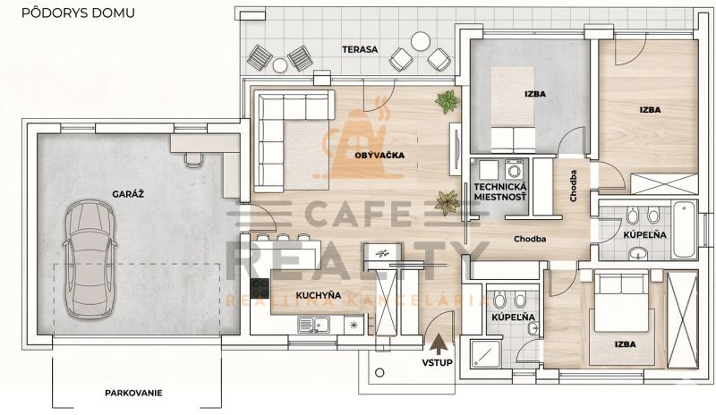 Floor plan of a family house with a garage, terrace, rooms, bathroom, and flooring with a wooden decor.