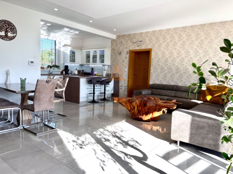 Living room with kitchen in a family house, seating, wooden table, and light floor.