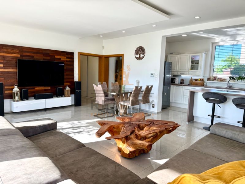 Living room with an open kitchen and dining table, wood-patterned flooring, sofa set.