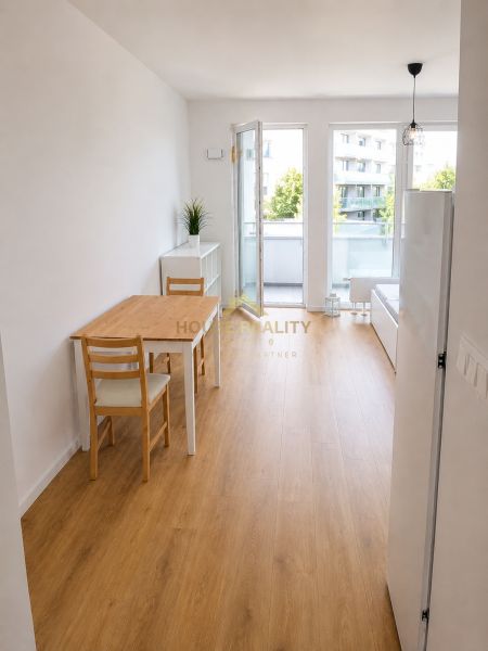 Bright 1-room apartment with wood-patterned flooring, overlooking the balcony.