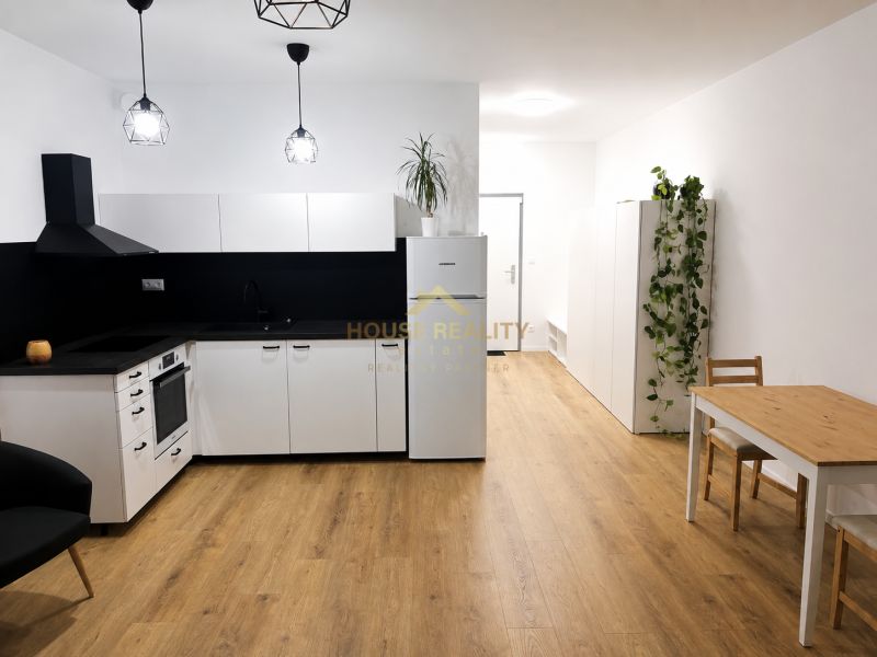 A kitchen in a studio apartment with a black extractor hood and a floor with a wood decor.