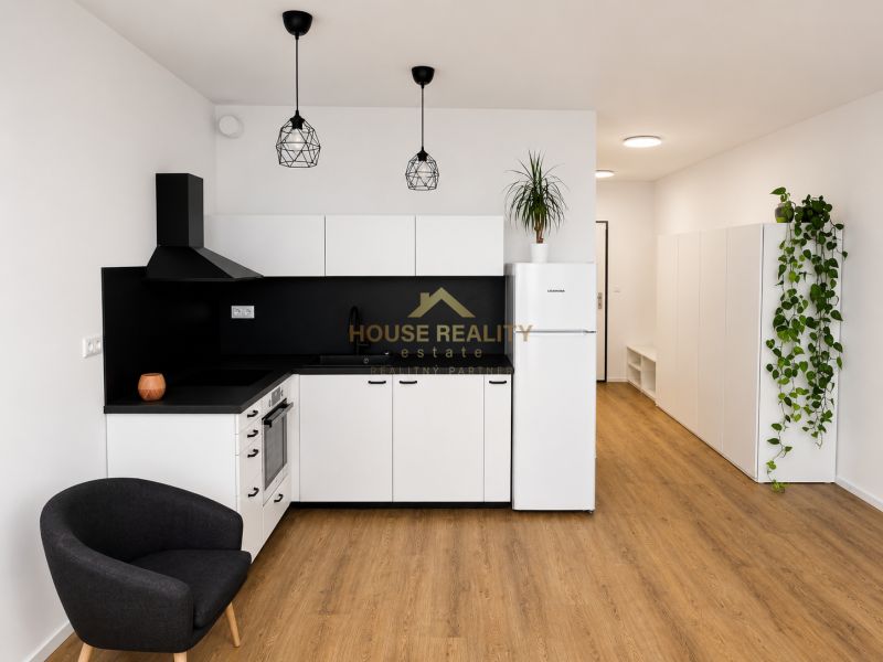 A kitchen in a studio apartment with white cabinets, black details, and a wood-patterned floor.