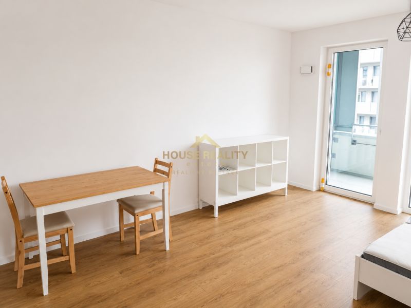 Living room in a studio apartment with a wood-patterned floor and a dining table.