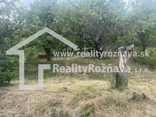 A garden with a lawn and trees around the cottage in Jablonov nad Turňou.