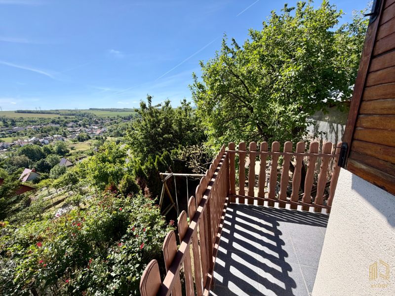View from the terrace of the cottage in Kunovo, Senica, with a blooming garden and greenery.