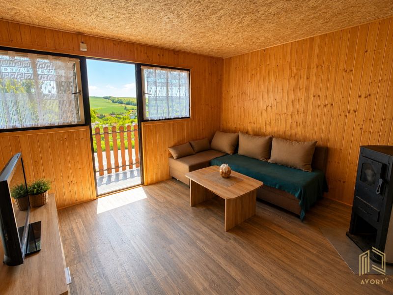 Living room in a cottage with a sofa, television, and wooden decor flooring, view of the landscape.