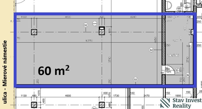 Floor plan of a commercial space with an area of 60 m² on Mierové Square in Senec.