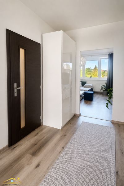 A hallway in a 2-room apartment with a wooden decor floor, leading to the living room.