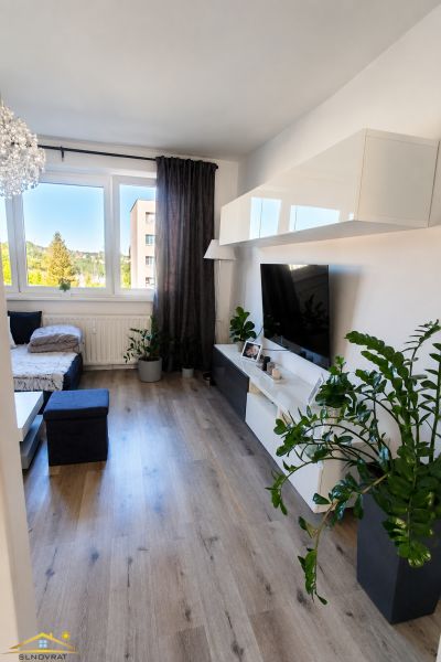 Living room with a sofa, table, and television, with a wooden decor floor.