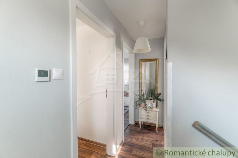 A hallway in a family house with a wooden decor floor, white walls, and a mirror.