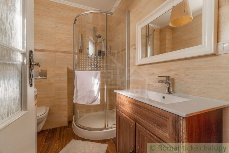 A bathroom with wooden decor, a shower enclosure, and a sink in a family house.