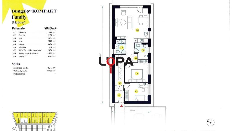 Floor plan of a three-bedroom bungalow with bedrooms and a living room in a family house.