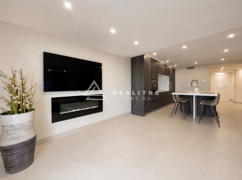 Living room in a 4-room apartment with a fireplace and a kitchenette, floor with wood decor.