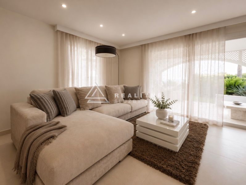A bright living room in a 4-room apartment with a comfortable sofa and a coffee table.