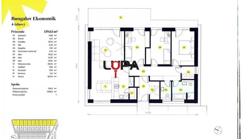 The floor plan of a 4-room bungalow with a terrace in Nové Zámky includes living and utility rooms.