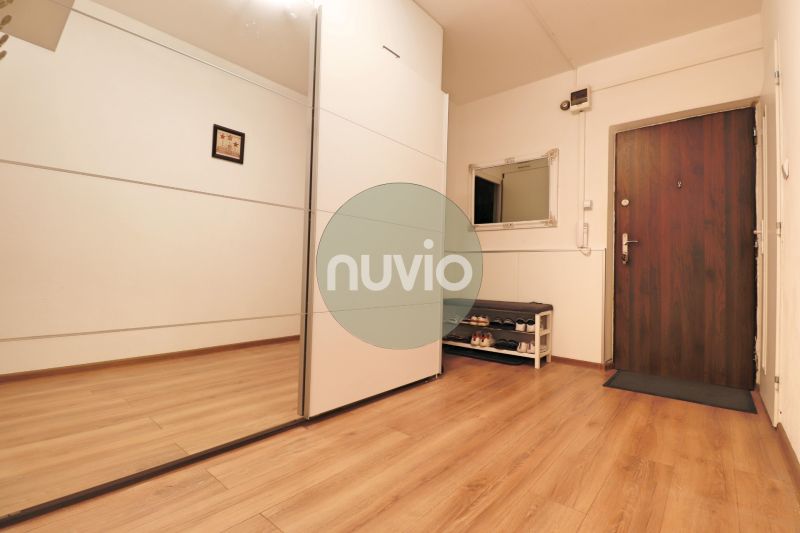 A hallway with a wooden decor floor in a 2-room apartment with a large mirror and a shoe cabinet.
