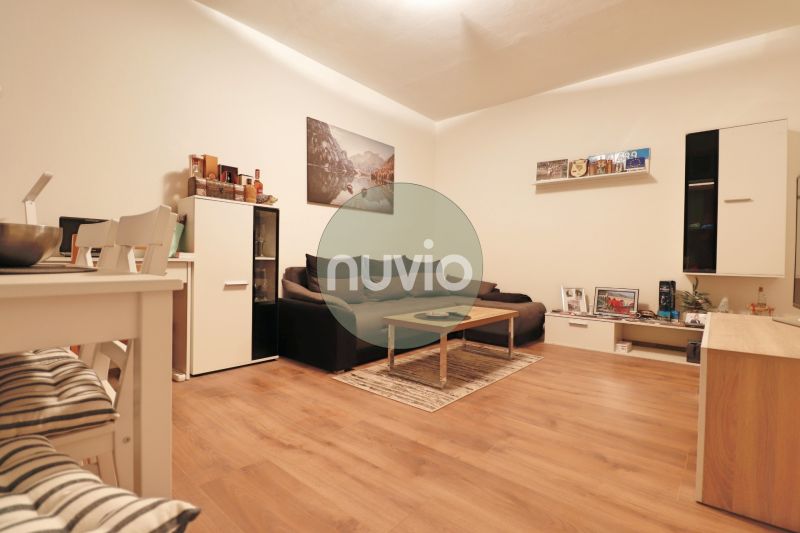 Living room in a two-room apartment with a sofa and wooden decor flooring.
