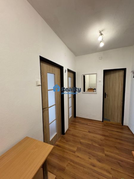 A space in a two-room apartment with a wooden decor floor and three doors.