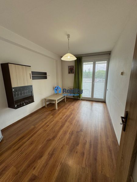 Living room in a two-room apartment with a wooden decor floor and a balcony.
