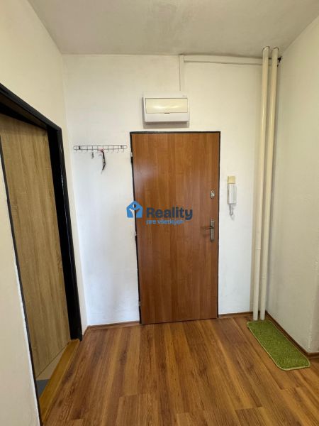 In the 2-room apartment, you can see the entrance door with a wooden decor floor and a coat rack.