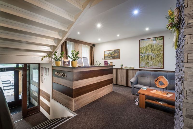 Reception with a sofa and a map, hotels and guesthouses, floor with wooden decor.