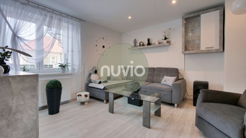 Living room with a sofa and wood-patterned flooring in a family house.