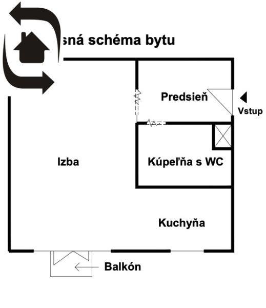 Floor plan of a 1-room apartment with a hallway, room, kitchen, bathroom, and balcony.