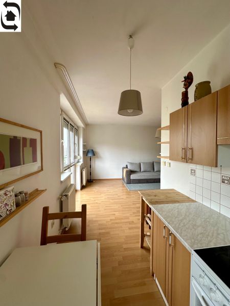 1-bedroom apartment with a kitchen, sofa, and wooden decor flooring.