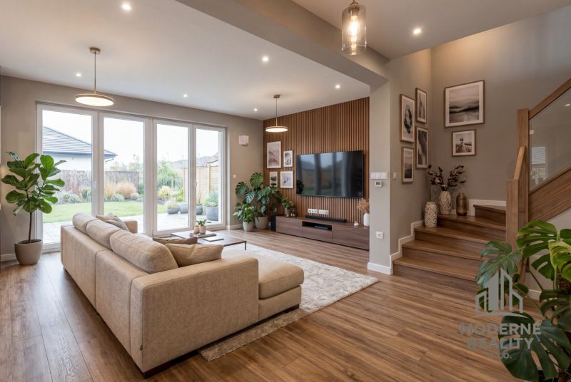Living room in a family house with a wooden decor floor and a view of the garden.