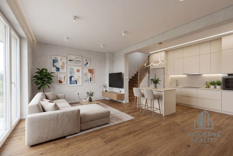 Living room with kitchen in a family house, wooden decor flooring, light furniture.