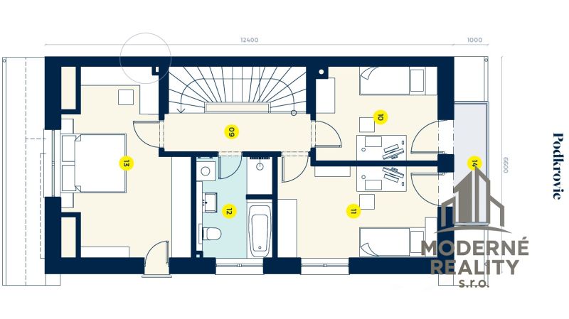 Attic floor plan of a family house with a hallway, three bedrooms, and a bathroom.