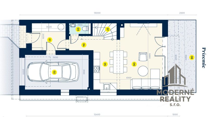 Ground floor plan of a family house in Andovce with a garage, living room, and kitchen.