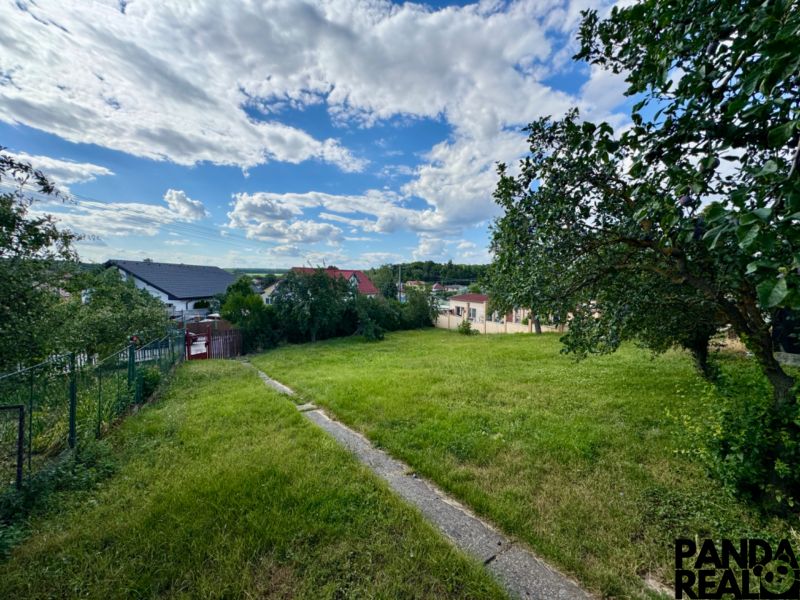 The garden of a family house in Horné Obdokovce with a lawn and fruit trees.