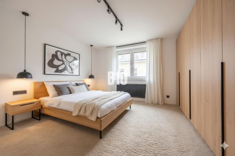 A bright bedroom in a 4-room apartment with a large bed and a built-in wardrobe.