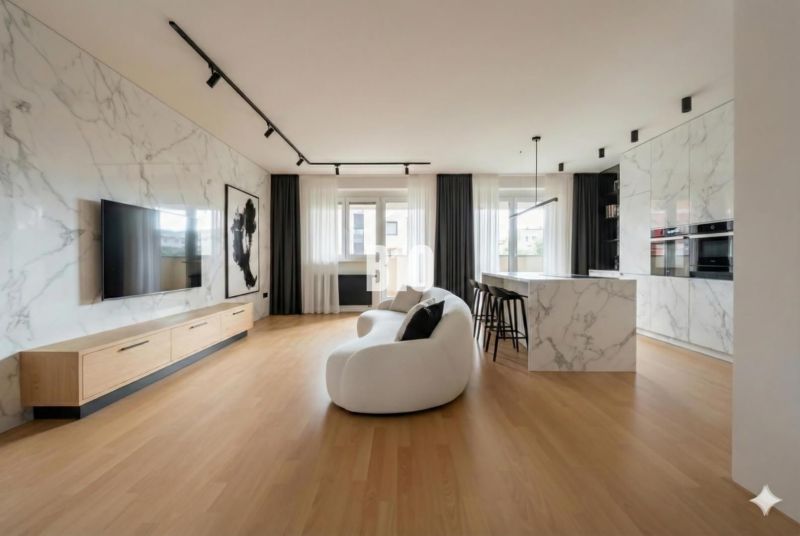 Interior of a 4-room apartment with marble cladding and flooring with a wood decor.
