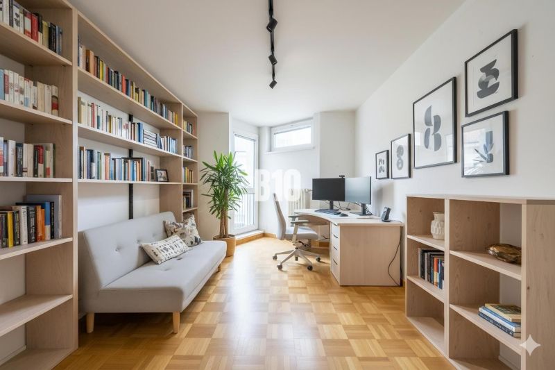 A study in a 4-room apartment with a wooden decor floor and bookshelves.