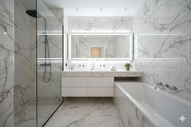 Luxury bathroom with a shower, bathtub, and large mirror in a 4-room apartment.