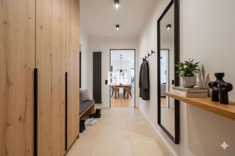 A wardrobe with a large mirror in a 4-room apartment with a wooden decor floor.