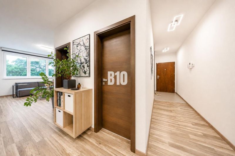Interior of a 3-room apartment with wood-patterned flooring and decorations.