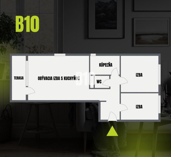 Floor plan of a 3-room apartment with a terrace, living room, kitchen, bathroom, and toilet.
