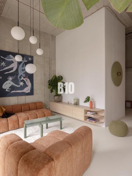 Living room with a brown sofa, coffee table, and modern lighting in a 2-room apartment.