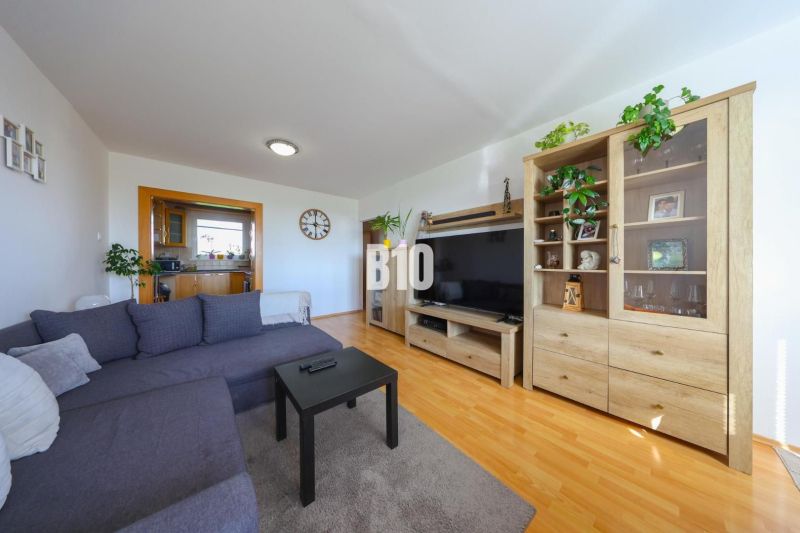 Living room with wood-patterned flooring, a sofa, and a TV stand in a three-room apartment.