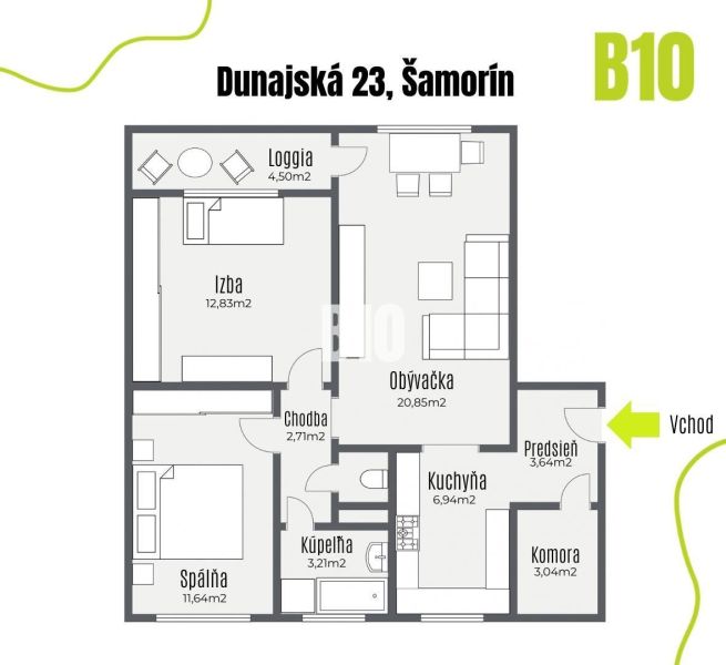 The floor plan of a 3-room apartment on Dunajská Street in Šamorín with an entrance and a loggia.