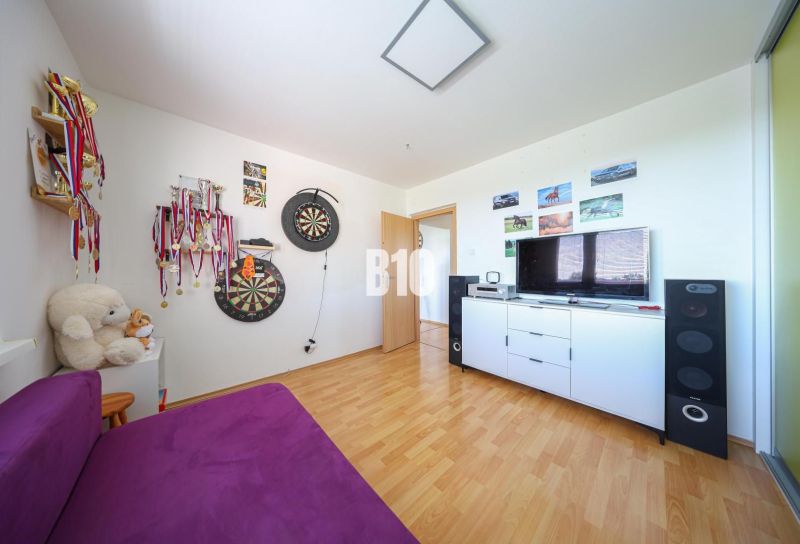 A room in a 3-room apartment with a wood-patterned floor, a target, and trophies.