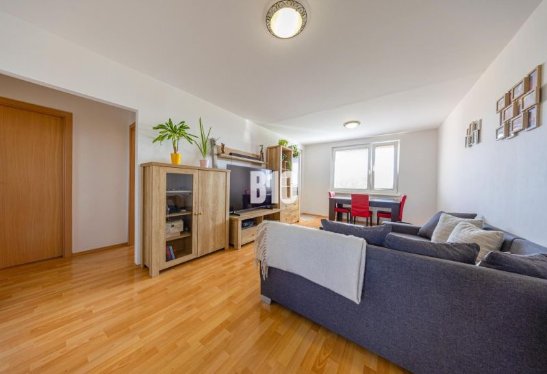 Living room in a three-room apartment with a wooden decor floor and a comfortable sofa.
